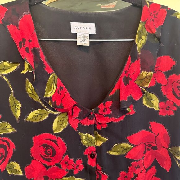 Avenue Vintage 90s Plus Size 18/20 Black Roses Ruffles Blouse top - Picture 5 of 6